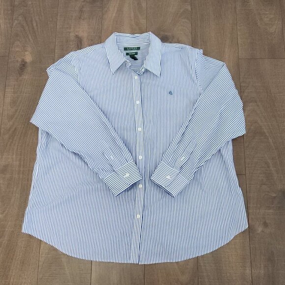 Lauren Ralph Lauren Women's Striped Button-Down Shirt Size 2X/2XG White/Navy - Picture 1 of 6
